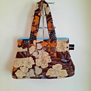 Cotton Floral Handbag Cosmetic Travel Bag Purse Dark Brown Floral